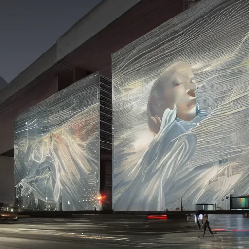 Image similar to sci-fi : zaha hadid : wall structure : logotype : and car on : the coronation of napoleon : and : digital billboard : in the middle in dark atmosphere : artwork by :Ruan Jia : Sheng Lam :