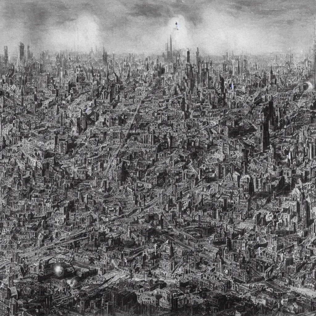 Image similar to [a nuclear explosion in a city center] in the center, [a baroque futuristic city skyline in the background], [nuclear explosions and fire]