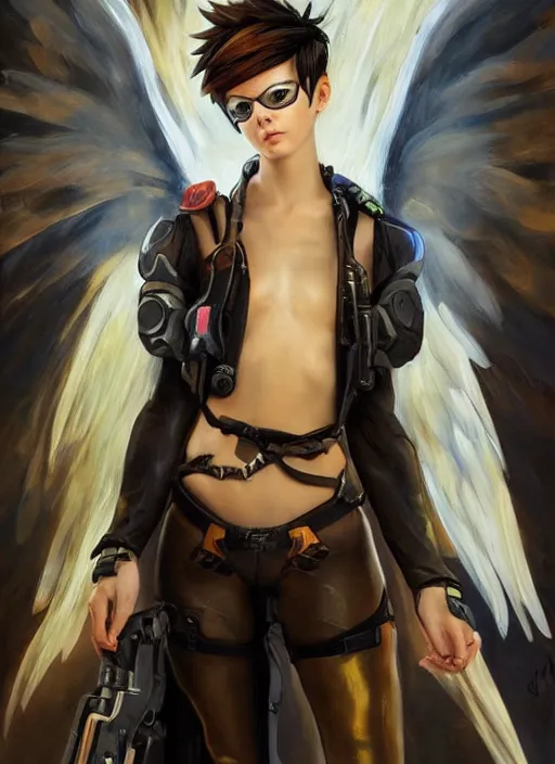 Prompt: oil painting of tracer overwatch in the style of sophie anderson, on knees, angel wings, black outfit, dramatic painting, wearing steel collar,