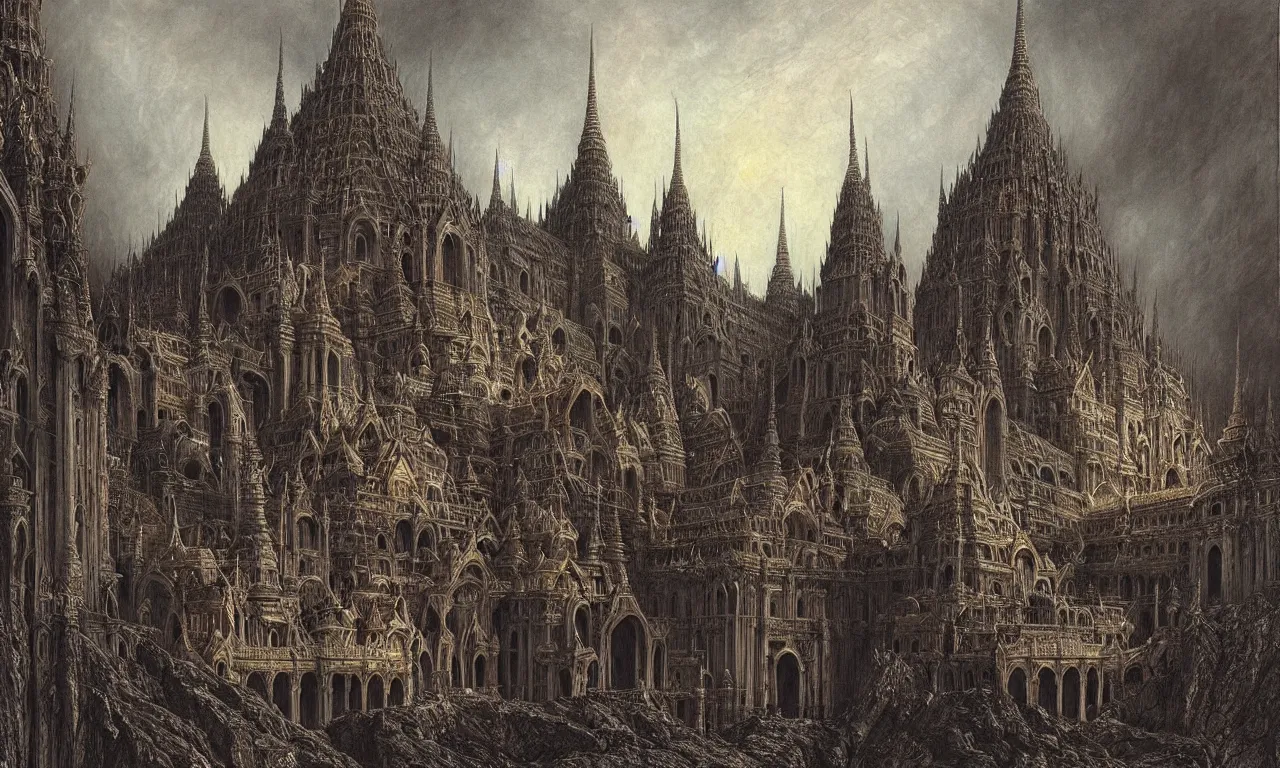 Image similar to A Spectacular View of the Grand Palace of a King of Hell, art by Gustav Dorê and Marc Simonetti and Alan Lee