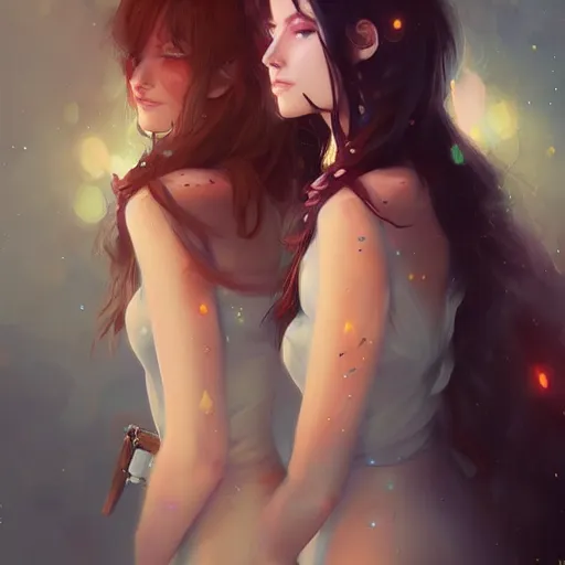 Prompt: 2 beautiful women illustration fantasy digital art by guweiz trending on artstation