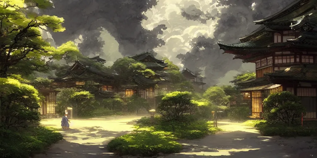 Prompt: An quaint japanese street with verdant mountains in the background, stormy day, god rays, in the style of Arcane, Greg Rutkowski and Studio Ghibli