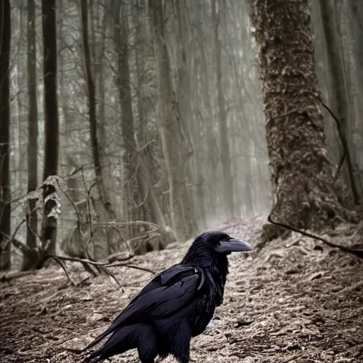 Prompt: crossbreed between a human male and crow, photograph captured in a forest