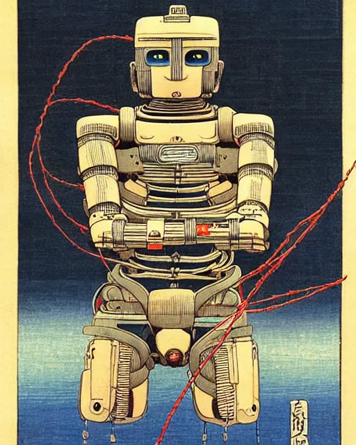 Prompt: Hiroshige portrait of a robot saint made of cables and robotic pod by Frank Frazetta