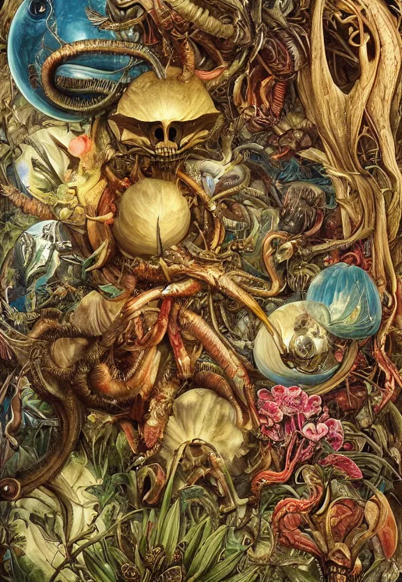 Prompt: simplicity, elegant, colorful muscular animal, botany, orchids, radiating, mandala, psychedelic, garden environment, wolf skulls, by h. r. giger and esao andrews and maria sibylla merian eugene delacroix, gustave dore, thomas moran, pop art, biomechanical xenomorph, art nouveau, cheerful, glass domes