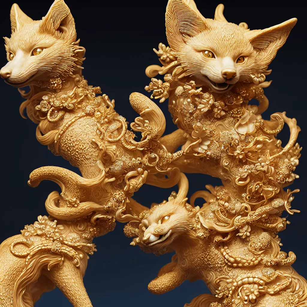 Image similar to a closeup photo - real delicate ceramic porcelain sculpture of an ornate detailed kitsune in front of an intricate background by davinci, micro detail, backlit lighting, subsurface scattering, translucent, thin porcelain, octane renderer, black and blue and gold jewelry, physically based rendering, trending on cgsociety