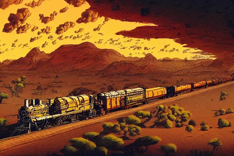 Image similar to old western freight train illustration by joe fenton and syd mead and p. craig russell and barry windsor - smith, artstation, 4 k, graphic novel, concept art, matte painting, steam engine spewing billowy white clouds of steam, beautiful idyllic mountain desert sunset background, golden hour, art nouveau