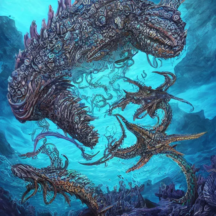 Image similar to underwater sea leviathan full body, d & d style, trending on artstation, intricate, highly detailed, vivid painting, colorful