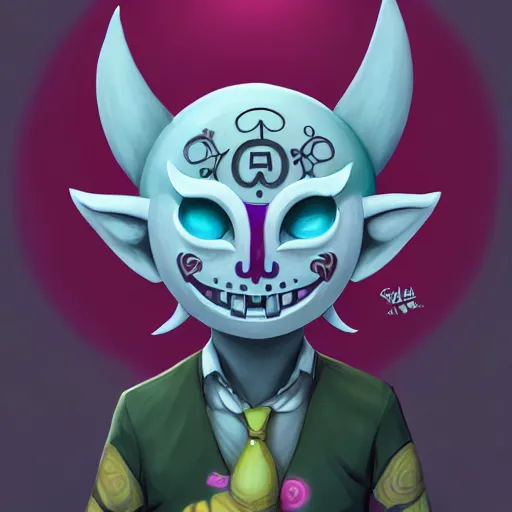 Image similar to a logo of the happy mask salesman majora's mask, art by lois van baarle and loish and ross tran and rossdraws and sam yang and samdoesarts and artgerm and saruei and disney, digital art, highly detailed, intricate, sharp focus, trending on artstation hq, deviantart, unreal engine 5, 4 k uhd image