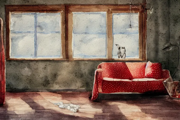 Image similar to charming and chubby huge fish, wearing a polka dot cloths and, lye on the fancy sofa, in the large and bright studio. sunlight enters through the barred window. delicate watercolor and pencil on canvas. beautiful lighting, 4 k post - processing, highly detailed, 5 k extremely detailed, 3 d. cinematic scene.