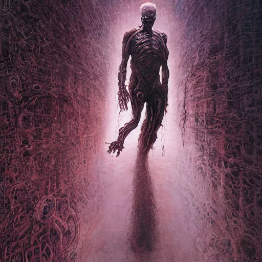 Image similar to joe biden as a shadow person, biopunk, body horror, creative design, environmental artwork, oil on canvas, by zdzisław beksinski, marco mazzoni, peter gric