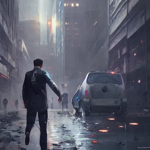 Image similar to connor from detroit become human being killed by greg rutkowski