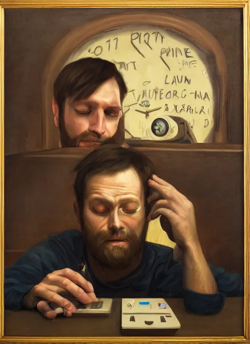 Image similar to portrait of a sleepy - looking programmer guy begging for forgiveness in front of his monitor, oil on canvas, masterwork, fine detail, trending on artstation, emotive, insanely compelling, ryden, koons