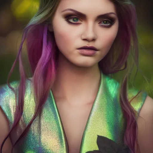 Image similar to photograph portrait of a beautiful alien, feminine, iridescent eyes, intricate detail, sigma 85mm f/1.4, 4k, depth of field, high resolution mode, 4k, 8k, hd