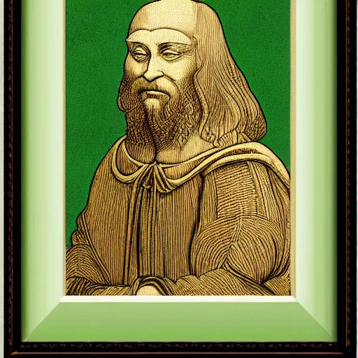 Prompt: portrait of leonardo da vinci in simple green background in the style of japanese cartoon and japanese wood print