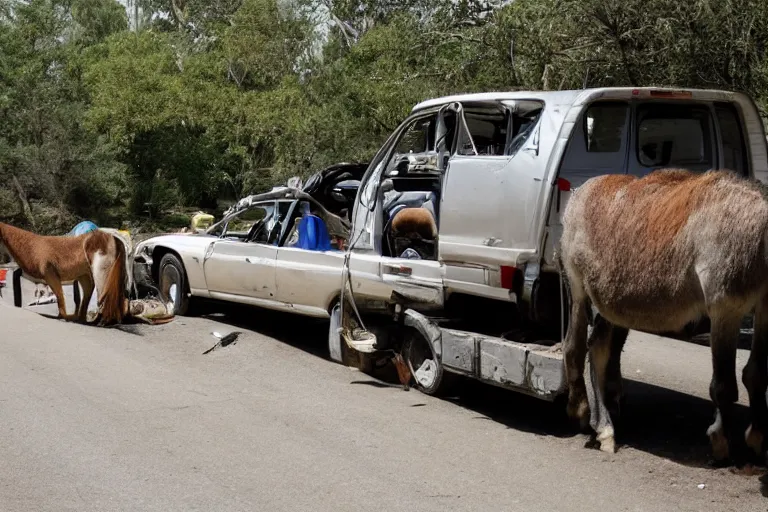 Image similar to automobile driver compartment towed by donkey, scavenger world, medium shot photograph