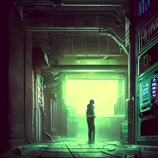 Prompt: a vending machine dimly neon lighting a dark alley, futuristic, cyber, sci - fi, volumetric light, foggy atmosphere, artstation, highly detailed, sharp focus, digital art, trending, by greg rutkowski and gaston bussiere, vibrant lush neon lighting, beautiful volumetric - lighting - style atmosphere, futuristic atmosphere, intricate, detailed, photorealistic imagery