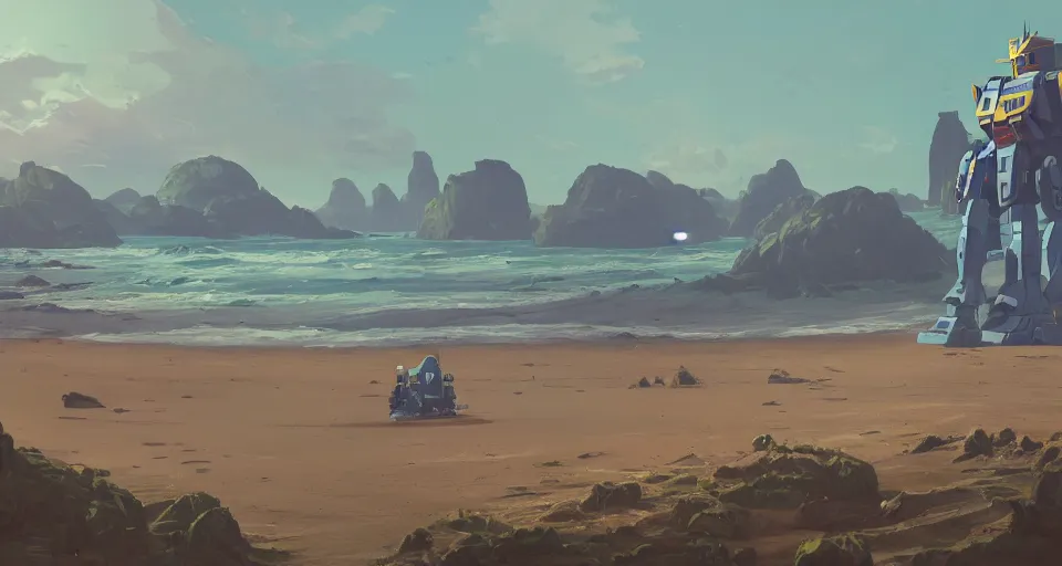 Image similar to A very beautiful serene coast landscape scene with a GIANT MECHA GUNDAM looming in the distance, bright sunny waves splashing on the beach, rendered by simon stålenhag, rendered by Beeple, Makoto Shinkai, syd meade, environment concept, digital art, Gundam style, starwars, unreal engine, 3 point perspective, WLOP, trending on artstation, low level, 4K UHD image, octane render,