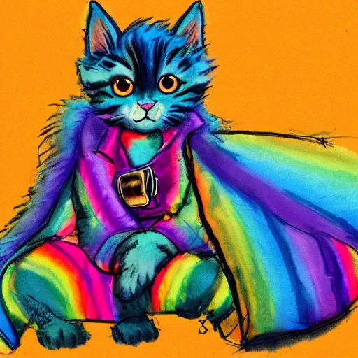 Image similar to wide angle full body, jacket wearing fluffy cute rainbow kitten wearing a black leather motorcycle jacket, concept art