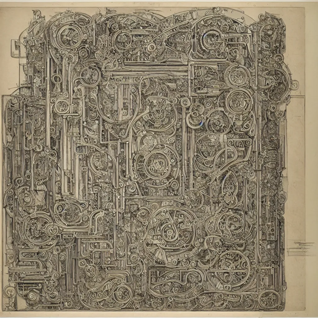 Image similar to beautiful, symmetric, art nouveau, detailed, intricate technical drawing from 1 8 4 0 with extensive written labels and covered in scribbled pencil notes, for a mechanical display attachment to babbage's difference engine, showing a screen playing tetris