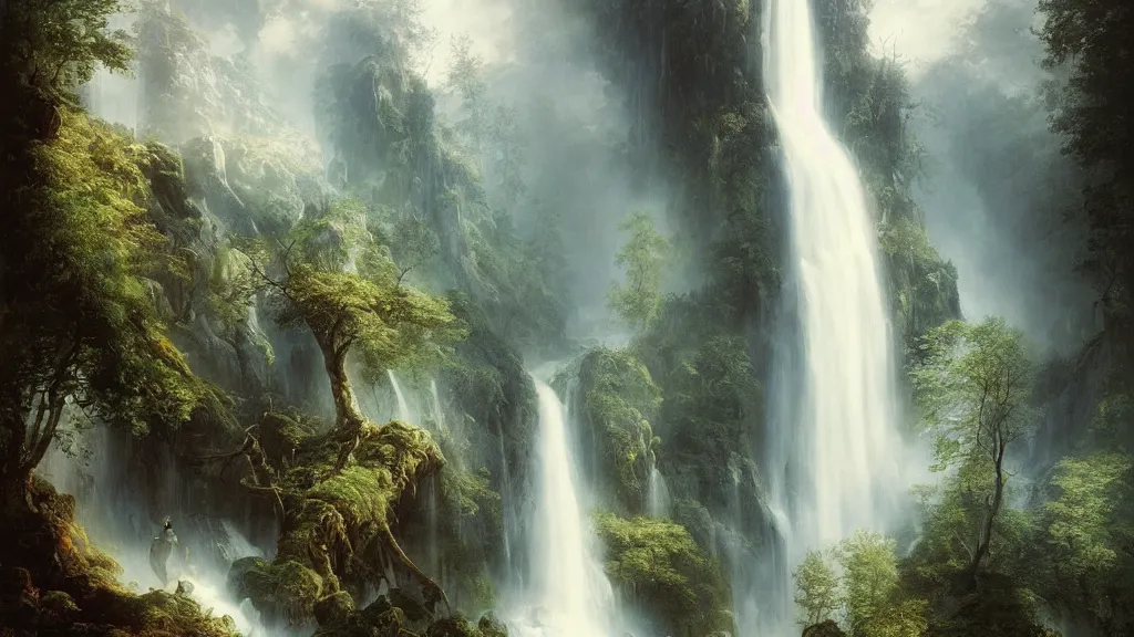 Prompt: the great elven tree above the alpine waterfall. andreas achenbach, artgerm, mikko lagerstedt, zack snyder, tokujin yoshioka