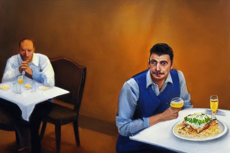 Prompt: busser in a restaurant declares his undying love to an empty plate, art by dean macadam