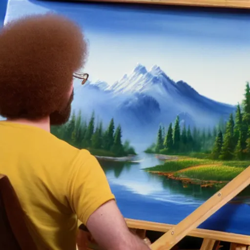 Image similar to a closeup photorealistic photograph of bob ross working on a canvas painting of mickey mouse. film still. brightly lit scene. mountains and trees. this 4 k hd image is trending on artstation, featured on behance, well - rendered, extra crisp, features intricate detail, epic composition and the style of unreal engine.