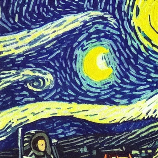 Image similar to portrait of astronaut, starry night in background, by van gogh