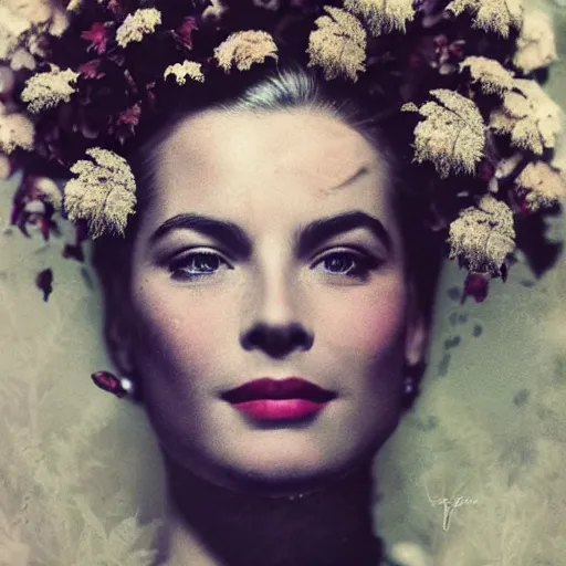 Image similar to fine art photo of grace kelly, she has a crown of dried flowers, by oleg oprisco