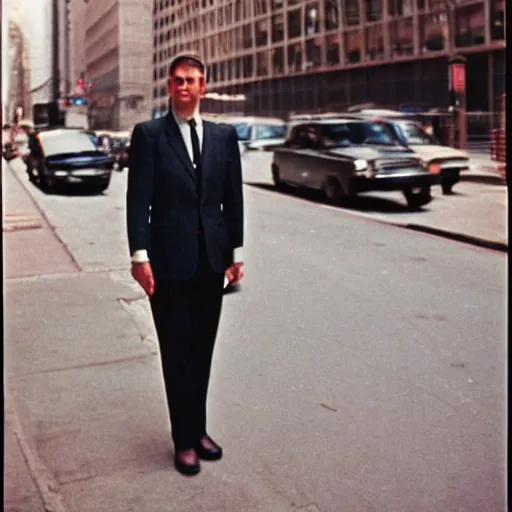 Image similar to portrait of a man in a suit in the streets of new york, 1 9 6 0 s, hyper realistic ultra detailed lifelike intricate, photo taken with ektachrome, featured on flickr, photographed on damaged film