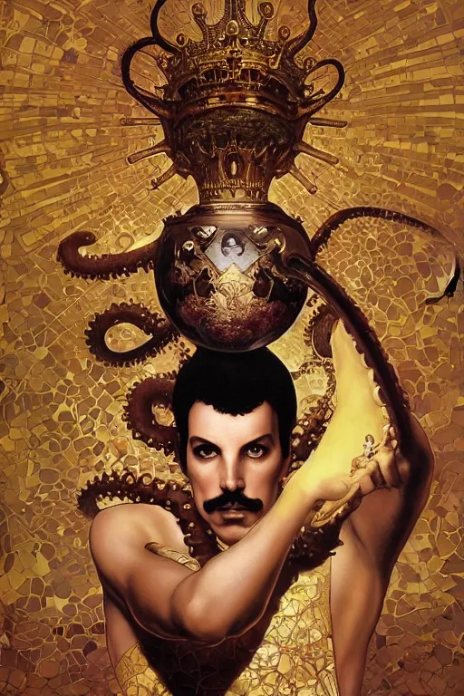 Prompt: Freddy mercury from queen, a golden crown floating above his head, tentacles coming out the ground art by Artgerm and Greg Rutkowski and Alphonse Mucha and Craig Mullins and James Jean and Andrei Riabovitchev and Marc Simonetti and peter mohrbacher, sharp focus, ominous, cosmic horror, trending on artstation, Ultra detailed, hyper realistic 4k