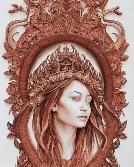 Image similar to watercolor portrait of a nature priestess, carved mahogany floral explosion, intricate carvings, artgerm, artstation