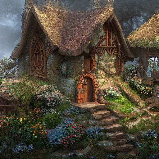 Prompt: a medieval hobbit home, ornate, beautiful, atmosphere, vibe, mist, flowers, concept art illustration, color page, 4 k, tone mapping, doll, akihiko yoshida, james jean, andrei riabovitchev, marc simonetti, yoshitaka amano, digital illustration, greg rutowski, volumetric lighting, sunbeams, particles