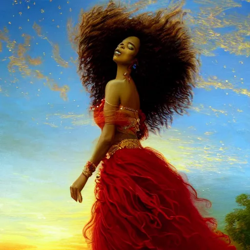 Image similar to a brown skinned queen with long dark curly hair and a red dress, windy, golden ribbons, stars, stoic, modern, shes alone, maximalist fashion dress, hyperdetailed, dramatic, epic painting, painted by jean honore fragonard and greg rutkowski, sunset skies, full body, octane render, sharpness, 8 k, golden ratio