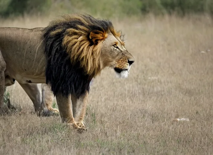 Image similar to a lion standing in front of a threatening bear