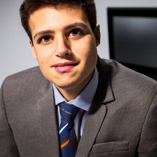 Prompt: high quality portait of a small self righteous male journalist in a low budget tv studio, awkward angle, wide angle,