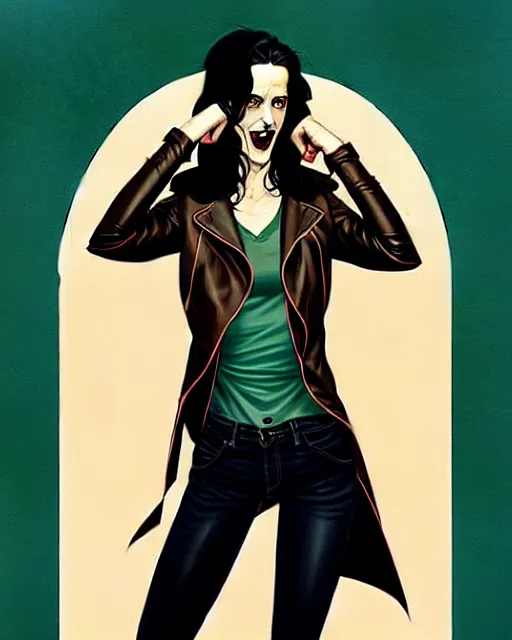 Image similar to Rafael Albuquerque comic cover art, artgerm, Joshua Middleton, pretty Eva Green vampire, sharp vampire teeth, sarcastic smile, symmetrical eyes, symmetrical face, brown leather jacket, jeans, long black hair, full body, building on fire, cool colors