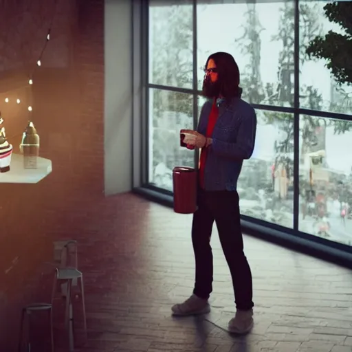 Prompt: hipster jesus ordering starbucks coffee, realistic artstyle, wide shot, dramatic lighting, octane render, hyperrealistic, high quality, highly detailed, HD, unreal engine, beautiful, cinematic