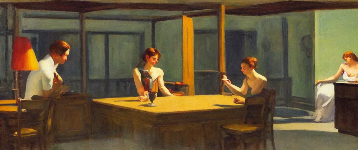 Image similar to three cups only do i propose for sensible men. one for health, the second for love and pleasure, the third for sleep ; when these have been drunk up, wise guests make for home, in the style of a beautiful edward hopper painting