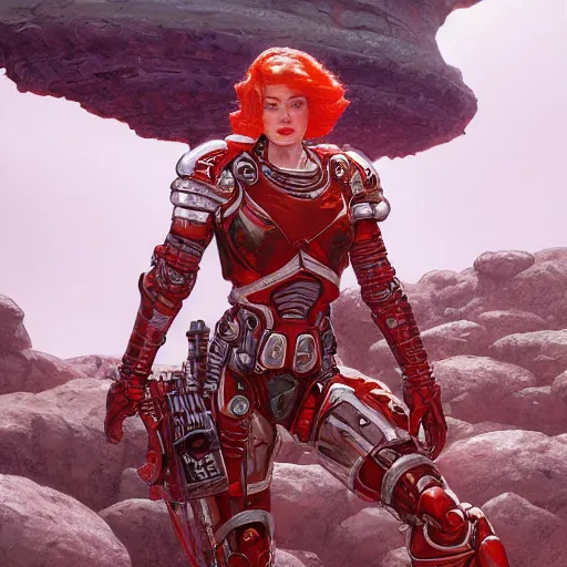 Image similar to a portrait of an woman with red short hair wearing a whiteblouse and robot armor commanding an army on a dead world full of rocks, highly detailed, centered, digital painting, artstation, concept art, donato giancola, Joseph Christian Leyendecker, WLOP, Boris Vallejo, Breathtaking