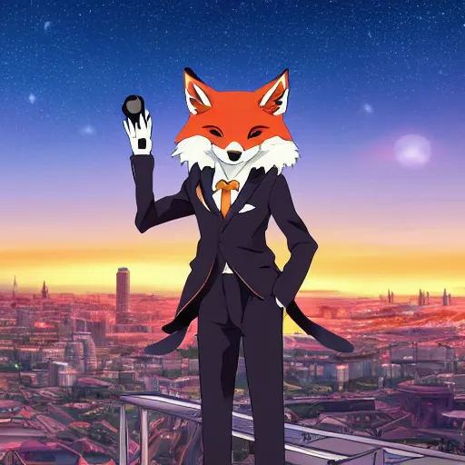 Prompt: key anime visual of an anthropomorphic fox, wearing a tuxedo on a city rooftop at sunrise, modern anime style, official anime still