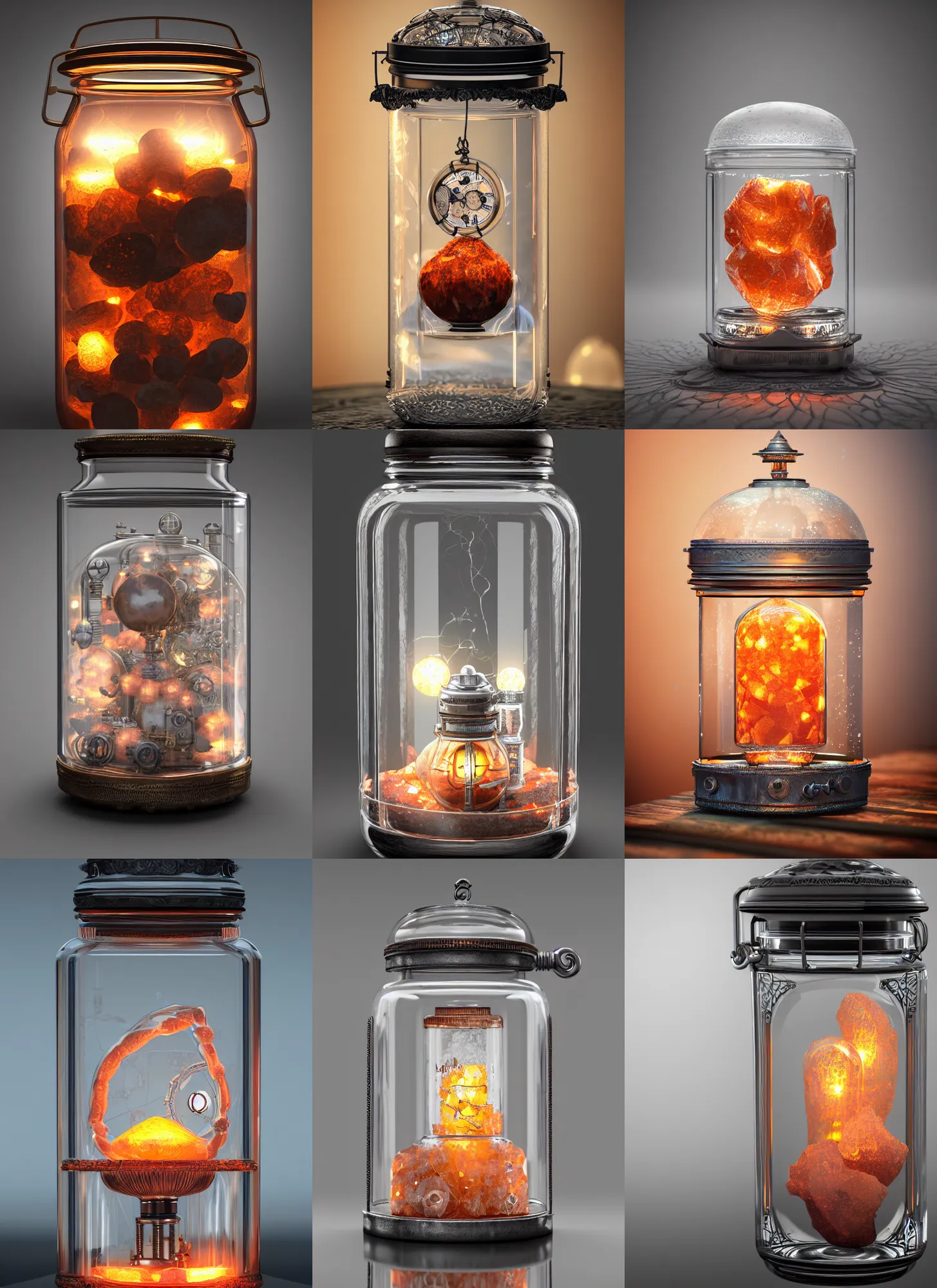 Prompt: steampunk himalayan rocksalt lamp inside a glass jar on a desk, intricate detail, hyper detailed, ultra realistic, sharp focus, octane render, lantern, volumetric, ray tracing, artstation trending, moon, pocketwatch, cgsociety, sense of awe, swirling mist, moon, 4 k