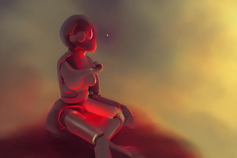 Image similar to a cute robot girl sitting on a cloud relaxing, red lighting, mist, digital art,