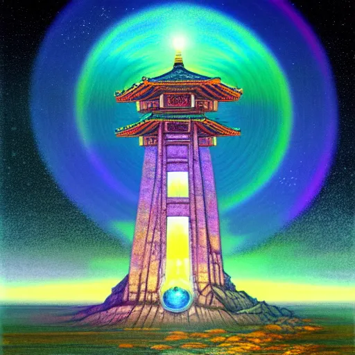 Image similar to a landscape pastel in the style of noriyoshi ohrai of an ancient holy tower, it has iridescent mana radiating from it. it is centered. the background is the starry sky at night. key art. 4 k retrofuturistic fantasy