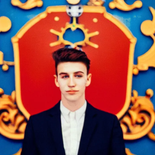 Image similar to A young man in a suit sits at a table , coat of arms of USSR in background, bokeh, cinestill, fine details