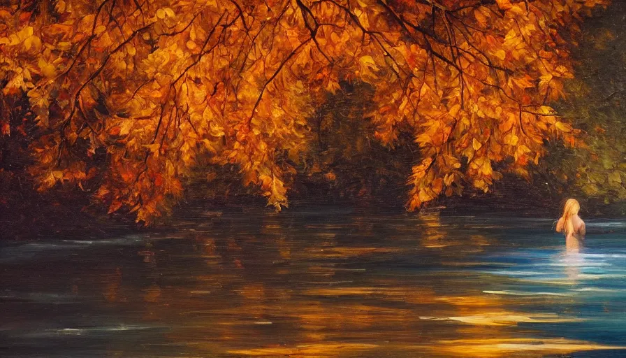 Prompt: an oil painting of a beautiful woman melting into a peaceful river at night, it's autumn and a gentle breeze is moving leaves around, cinematic lighting, establishing shot, art station