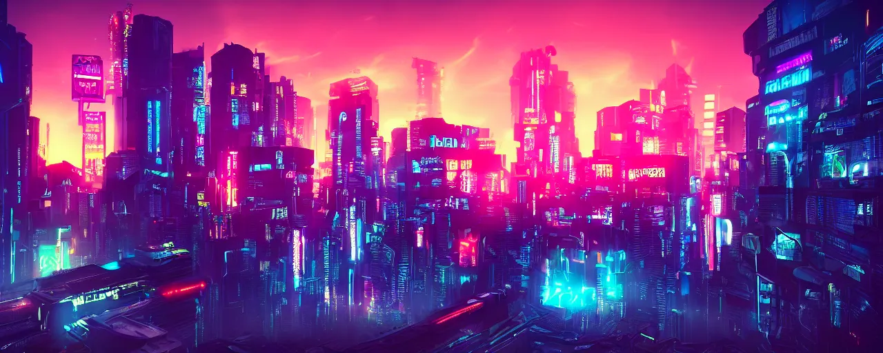 Image similar to cyberpunk, city, neon lights, glow, retrowave style, sunset,