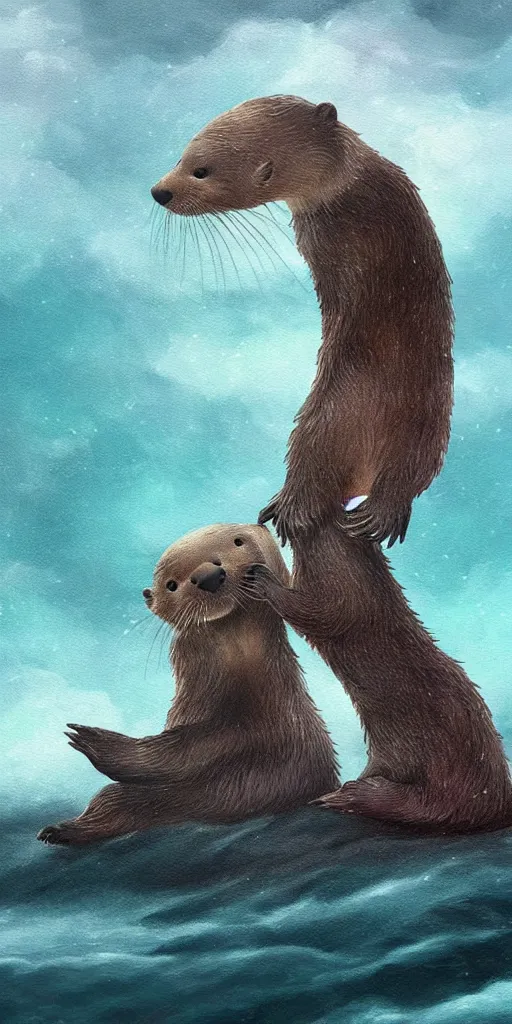 Prompt: adorable otter falling in love holding hands side by side, all alone in the middle of a scary storm at sea, fantasy illustration, cinematic, award winning, romantic, detailed trending on artstation, masterpiece