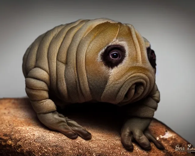 Image similar to siamese tardigrade, tardigrade with cream colored body and dark points on face and paws, pet tardigrade, award - winning pet photography, dramatic lighting, ultra detailed