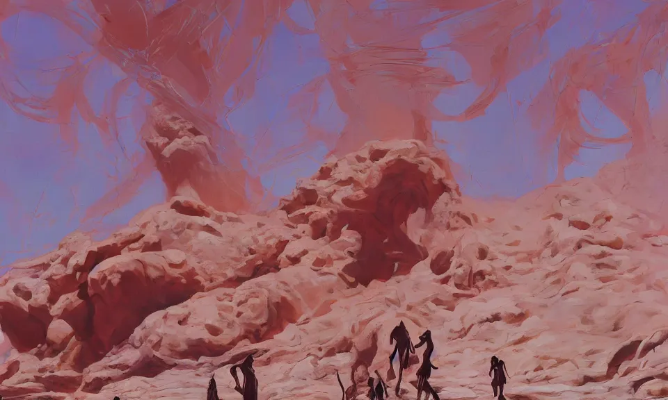 Prompt: digital painting of tiny people walking at the base of a massive greek sculpture a beautiful massive female statue surrounded by massive dreamy coral in the desert, by syd mead and jack kirby, color scheme, kirby crackle, arik roper, concept art